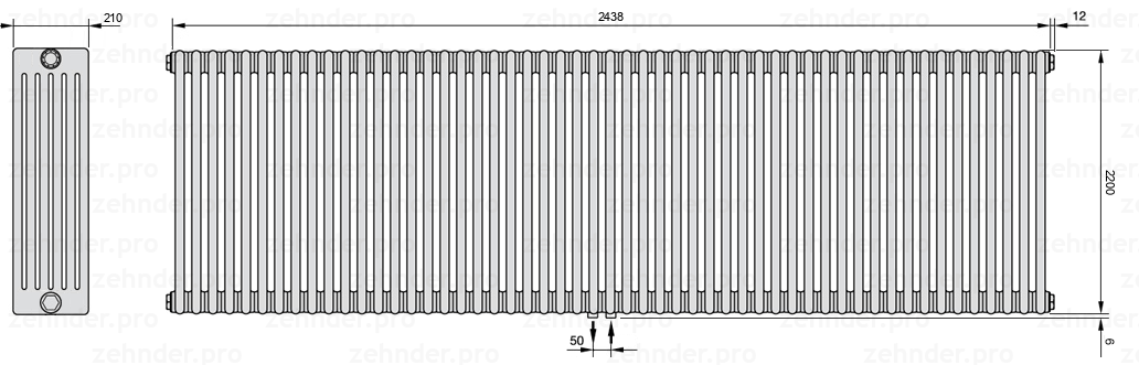 Схема (чертеж) Радиатор Zehnder Charleston 6220/53 №5410 Белый глянцевый RAL 9016
